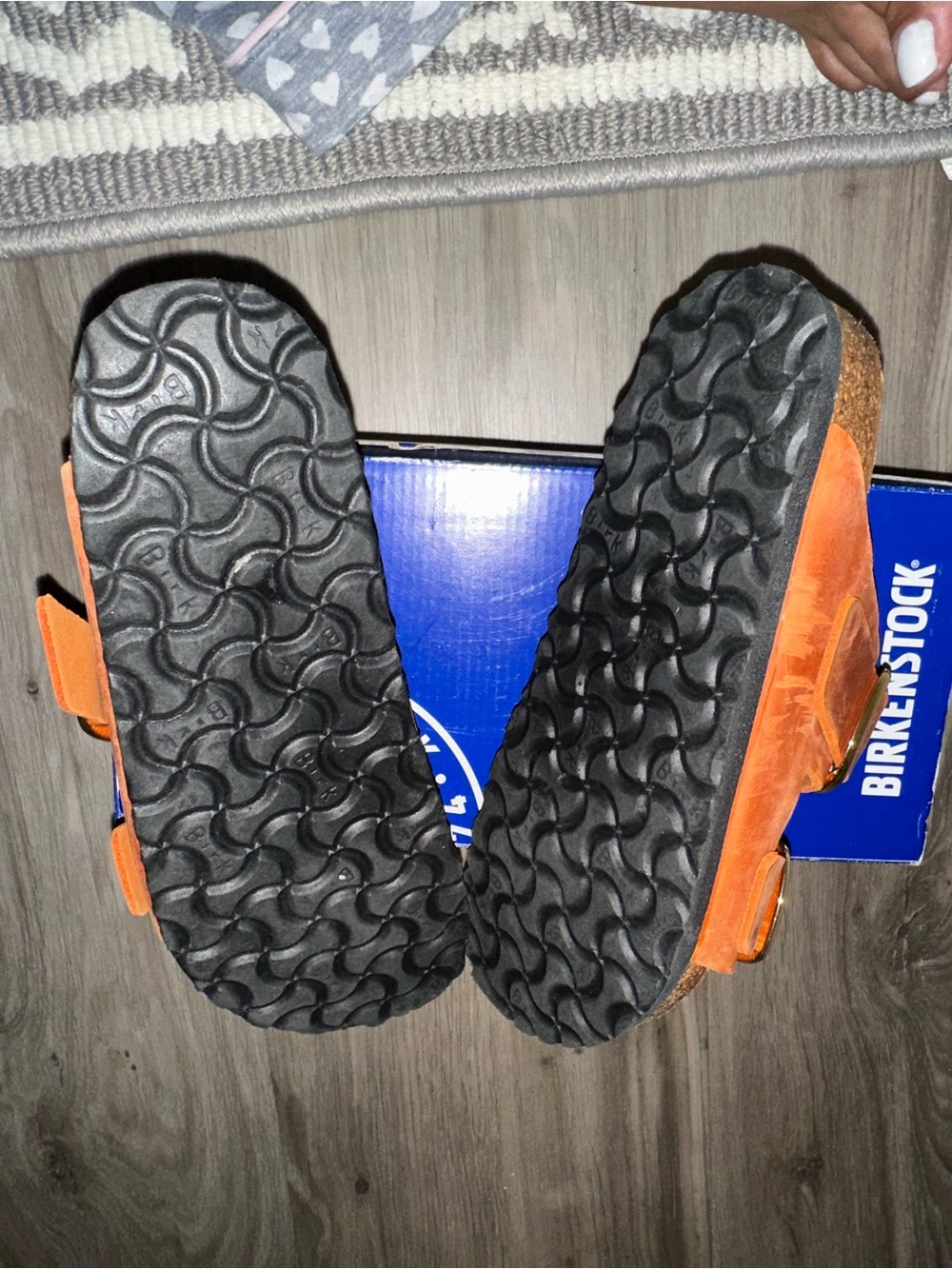 Birkenstock Arizona Orange Suede Sandals with Gold Buckles - Picture 3 of 6